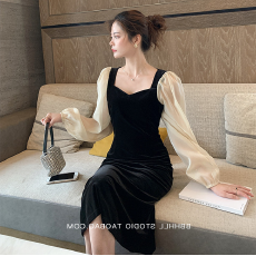 批发秋装赫本风小黑裙金丝绒<b class='q'>连衣裙</b>v领<b class='q'>泡泡袖</b>包臀裙