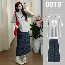 批发实拍~2026孕妇装套装夏季新款好看时尚美美哒短袖➕条纹半裙套装