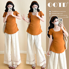 批发实拍~2026新品<b class='q'>孕妇装</b>夏季洋气高弹腰间抽绳款<b class='q'>短袖</b>上衣+阔腿裤套装