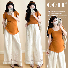 批发实拍~2026新品<b class='q'>孕妇装</b>夏季洋气高弹腰间抽绳款<b class='q'>短袖</b>上衣+阔腿裤套装