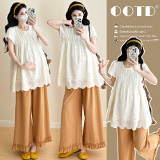 批发实拍~2026夏季新款韩版时尚重工刺绣上衣+<b class='q'>孕妇</b><b class='q'>抽</b>绳裤套装