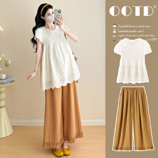 批发实拍~2026夏季新款韩版时尚重工刺绣上衣+<b class='q'>孕妇</b><b class='q'>抽</b>绳裤套装