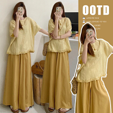 批发2026夏季新品套装时尚慵懒风简约纯色木耳边上衣+裤子<b class='q'>孕妇</b><b class='q'>两件套</b>