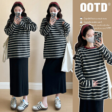 批发实拍~2026新品孕妇条纹<b class='q'>长袖</b>磨毛撞色宽松慵懒套头上衣+半身裙