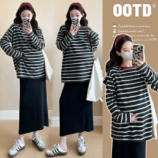 批发实拍~2026早春新品孕妇条纹<b class='q'>长袖</b>磨毛撞色宽松慵懒套头上衣+半身裙