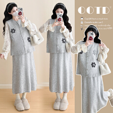 批发实拍~2026秋冬新品<b class='q'>韩版</b>时尚减龄花朵上衣+半身裙可调节套<b class='q'>装</b>