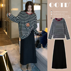 批发现现~2026早春新品孕妇条纹长袖磨毛撞色宽松慵懒套头上衣+半身裙