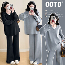 批发实拍2026早春慵懒风时尚洋气显瘦套装针织毛衣阔腿裤子孕妇两件套