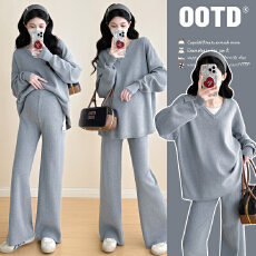 批发实拍2026早春慵懒风时尚洋气显瘦套装针织毛衣阔腿裤子孕妇两件套