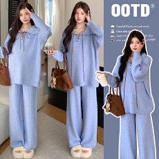 实拍~2025孕妇宽松慵懒风针织秋冬时尚保暖两件套小个子套装