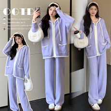 批发实拍~2025秋冬新品孕妇时尚撞色休闲<b class='q'>毛衣</b>拉链连帽+阔腿裤套装