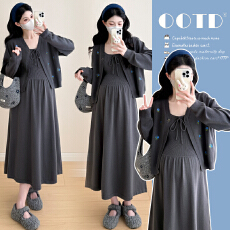 实拍2025秋冬新款韩版高级感针织吊带裙刺绣外套孕妇套装