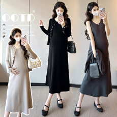 实拍~孕妇秋冬新款小香风套装潮妈洋气显瘦开衫外套背心裙两件套