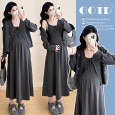 实拍2025秋冬新款韩版高级感针织吊带裙刺绣外套孕妇套装