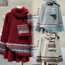 批发秋冬新款费尔岛宽松针织上衣+可调节带短裙+围脖孕妈三件套装