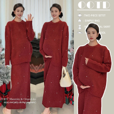 批发孕妇套装秋冬2026新款红色喜庆回门加厚气质毛衣大摆半身裙两件套