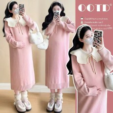 批发实拍2026秋冬新款时尚宽松大码娃娃领减龄跨年圣诞喜庆孕妇<b class='q'>连衣裙</b>