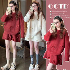 批发2026孕妇新款秋冬韩系穿搭毛衣套装新款蝴蝶结针织短裙两件套