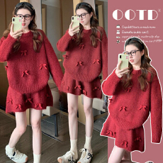 批发现~2026孕妇秋冬新款韩系穿搭毛衣套装新款蝴蝶结针织短裙两件套