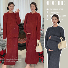 批发孕妇套装秋冬2026新款红色喜庆回门加厚气质毛衣大摆半身裙两件套