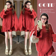 批发新品现现~2026冬季<b class='q'>新款</b>时尚气质减龄圣诞红色蝴蝶结羊毛<b class='q'>孕妇</b><b class='q'>套装</b>