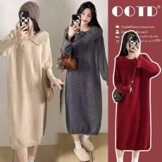 孕妇装2026秋冬款针织长裙时尚大码潮妈宽松中长款娃娃领连衣裙