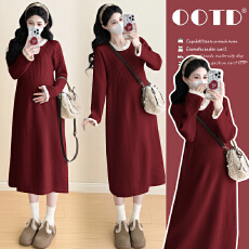 实拍~新款孕妇毛衣秋冬针织时尚花边拼接连衣裙宽松加厚打底裙