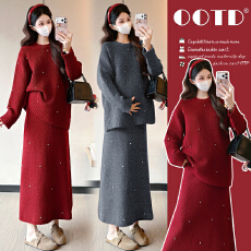 批发实拍孕妇套装秋冬2026新款红色喜庆加厚气质毛衣大摆半身裙两件套