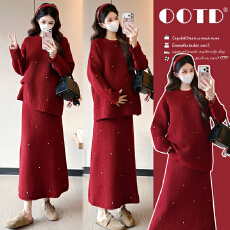 批发实拍孕妇套装秋冬2026新款红色喜庆加厚气质毛衣大摆半身裙两件套