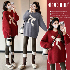 实拍孕妇装2026秋冬新款蝴蝶结提花套头宽松毛衣配加绒阔腿裤套装