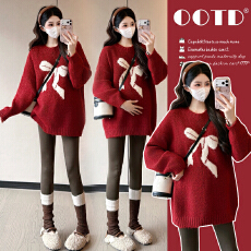 实拍孕妇装2026秋冬新款蝴蝶结提花套头宽松毛衣配加绒阔腿裤套装