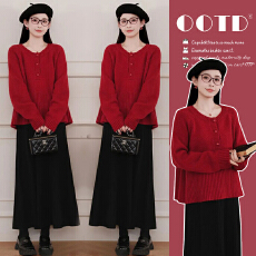 批发新品现~2026秋冬懒人套装简约时尚新年红上衣+半身裙两件套裙