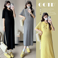 批发实拍2026孕妇装夏季新品时尚POLO领休闲针织麻花中长款孕妇连衣裙