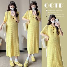 批发实拍2026孕妇装夏季新品时尚POLO领休闲针织麻花中长款孕妇连衣裙