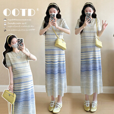 批发<b class='q'>实拍</b>~<b class='q'>孕妇</b><b class='q'>针织</b>长裙2026夏季新款条纹撞色圆领短袖<b class='q'>孕妇</b><b class='q'>连衣裙</b>