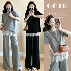 批发实拍~2026孕妇装夏季新品宽松短袖上衣+设计感<b class='q'>蕾丝</b>屁帘阔腿裤套装