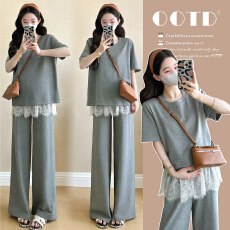 批发实拍~2026孕妇装夏季新品宽松短袖上衣+设计感<b class='q'>蕾丝</b>屁帘阔腿裤套装