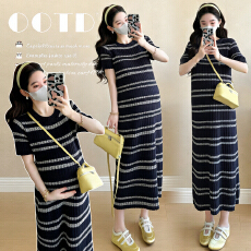 批发实拍现~孕妇装<b class='q'>夏</b>季新款时尚气质条纹撞色针织大弹力修身孕妇长裙