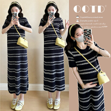批发实拍现~孕妇装<b class='q'>夏</b>季新款时尚气质条纹撞色针织大弹力修身孕妇长裙