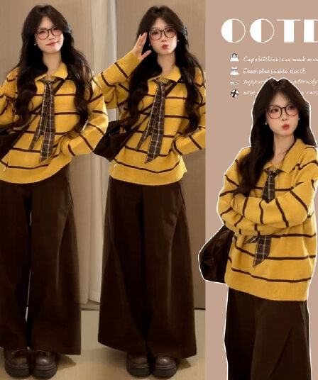 지금 한 부서 출산 착용 POLO 칼라 스트라이프 풀오버 두꺼운 스웨터 여자 가을 겨울 느긋한 루즈핏 니트 스웨터 맨위