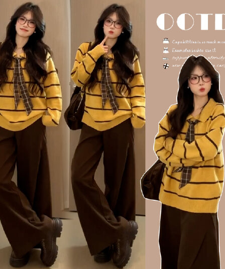 지금 한 부서 출산 착용 POLO 칼라 스트라이프 풀오버 두꺼운 스웨터 여자 가을 겨울 느긋한 루즈핏 니트 스웨터 맨위