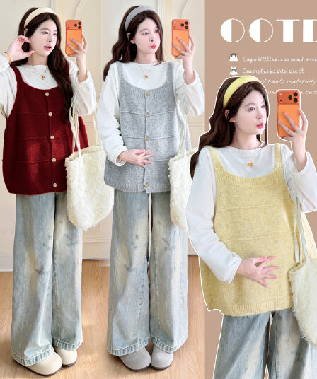 실사 2026 임산부 가을 겨울 신제품 패션 착용 가져 가라. 순면 맨위 임산부 스웨터 베스트 조끼 치마 세트