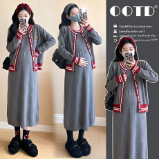 批发实拍~<b class='q'>孕妇</b><b class='q'>秋冬</b>新品懒人穿搭韩版时尚开衫+背心裙减龄气质<b class='q'>显瘦</b>套装