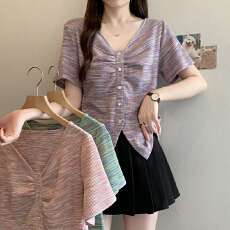 批发实拍2026夏装新款胖mm<b class='q'>大码</b>女<b class='q'>时尚</b>晕染v领减龄显瘦不规则短袖体恤