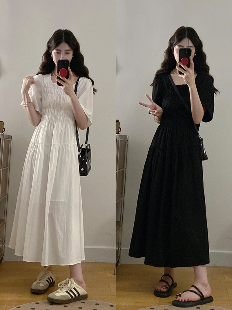 실사 2026 여름 드레스 새로운 지방 mm 빅 사이즈 여성 패션 고급 센스 광장 칼라 단색 허리 수축 슬림해 보이는 드레스