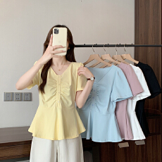 批发实拍2026夏装新款胖mm大码女韩系时尚v领拼接荷叶花边别致短袖T恤