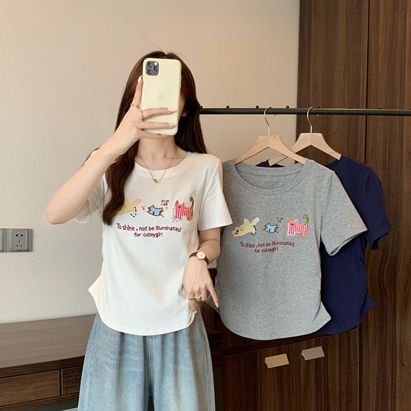 RY3135# 实拍2026夏装新款胖mm大码女减龄设计感卡通贴布字母刺绣...