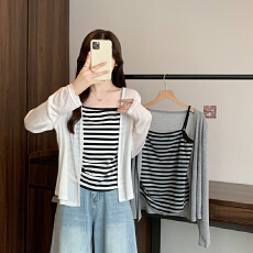 批发实价实拍2026春装新款胖mm大码女休闲吊带条纹背心针织衫外套套装