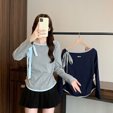 批发实价实拍2026春装新款<b class='q'>胖</b><b class='q'>mm</b>大码女休闲一字领蝴蝶结撞色长袖上衣