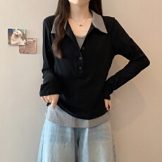 批发实拍2026春装新款<b class='q'>胖</b><b class='q'>mm</b>大码女休闲百搭polo领撞色假两件长袖上衣